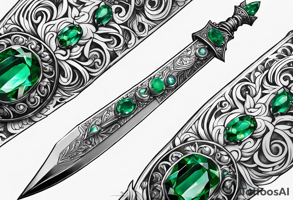 An athame dagger with the hilt turned upward and emerald gemstones on the hilt tattoo idea