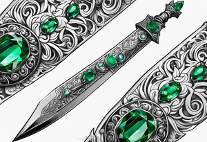 An athame dagger with the hilt turned upward and emerald gemstones on the hilt tattoo idea