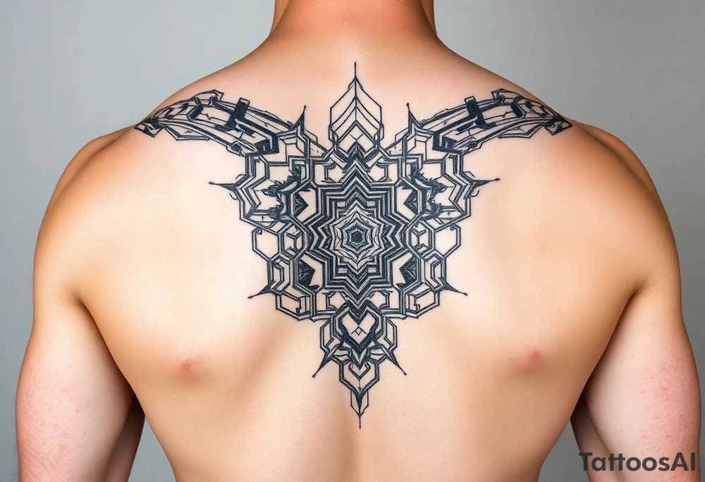 design a full sleeve tattoo that consists of a base layer of abstract hexagon pattern overlaid with a little blackwork abstract while incorporating the top tattoo and integrating slight biomech designs tattoo idea
