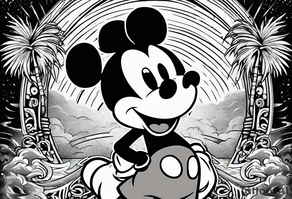 mickey mouse in a lightning storm with palm trees and the celtic symbol for family tattoo idea