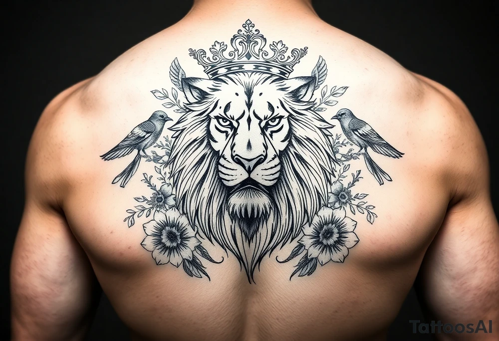 powerful majestic lion with a crown, surrounded by floral ornaments and birds tattoo idea