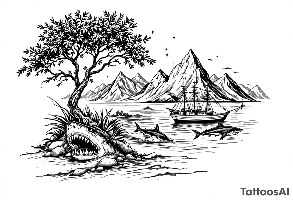 tattoo that has an acacia tree with mountains, ocean with a ship wreck with sharks and the northern star tattoo idea