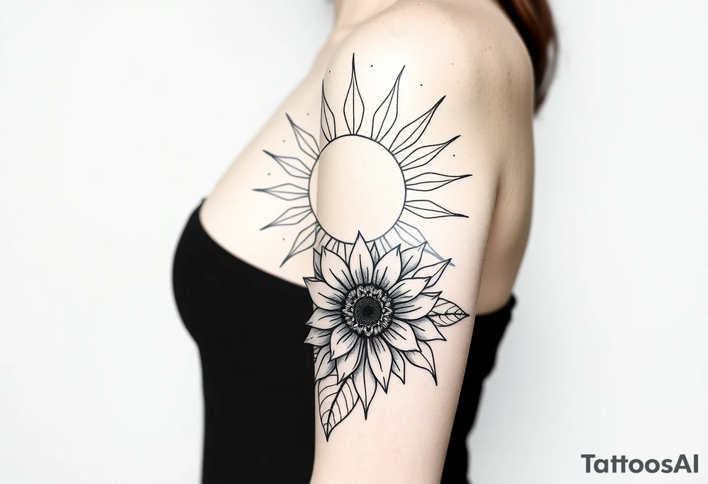 Shining Mystical sun with long  leaning sunflower sun tattoo idea