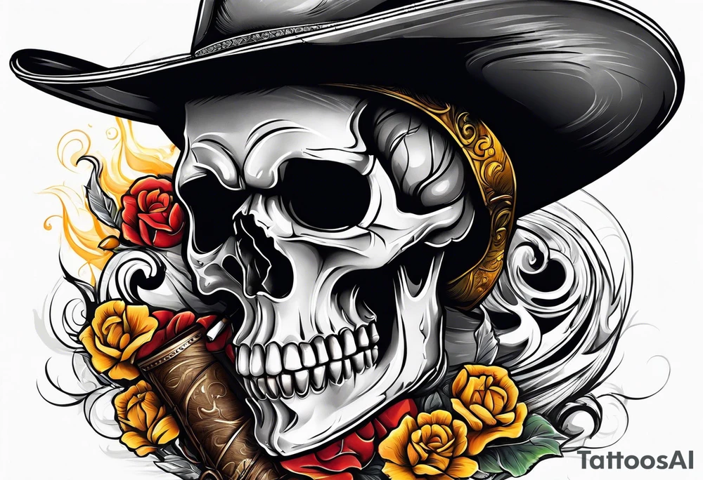 Skull wearing a cowboy hat smoking a cigar tattoo idea