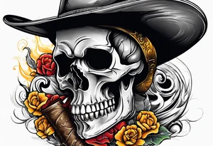 Skull wearing a cowboy hat smoking a cigar tattoo idea