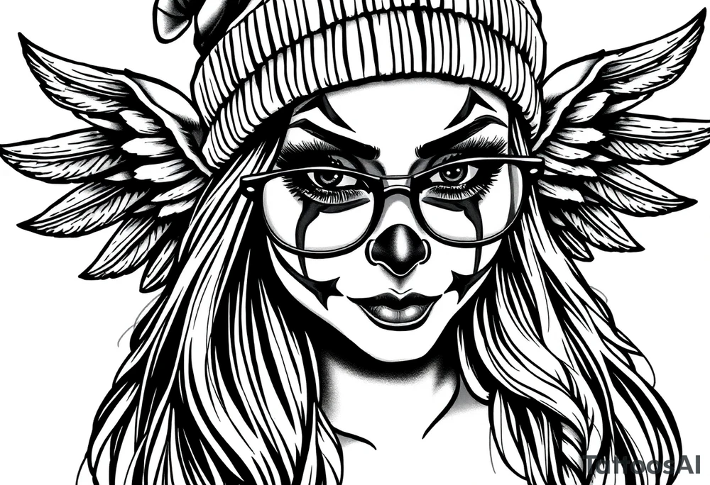 Chicana beautiful long hair clown makeup angel wings thug beanie eyeglasses tattoo idea