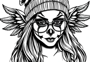 Chicana beautiful long hair clown makeup angel wings thug beanie eyeglasses tattoo idea