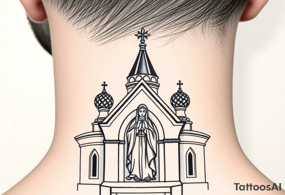 Flowing Scene

A onion domes orthodox church
Virgin Mary in prayer pose on the front doors of the russian orthodox church 
A small double headed russian coat of arms eagle or just the star tucked above the dome near the hairline tattoo idea