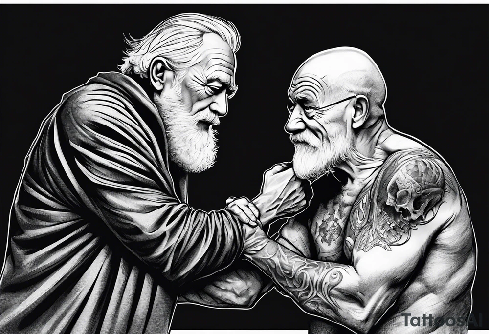 old man in cloak arm wrestling with a skeleton tattoo idea