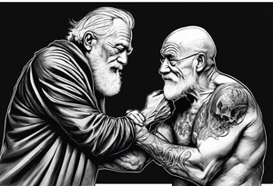 old man in cloak arm wrestling with a skeleton tattoo idea