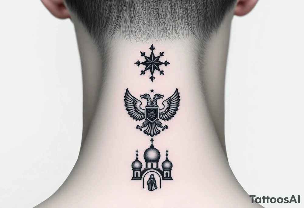 Stacked Vertical Column 

Russian star — small, bold
Middle: Miniature double-headed eagle — simplified, cleaner lines to suit the smaller space
Bottom: Orthodox church dome(s) with a small Virgin Mary silhouette beneath tattoo idea