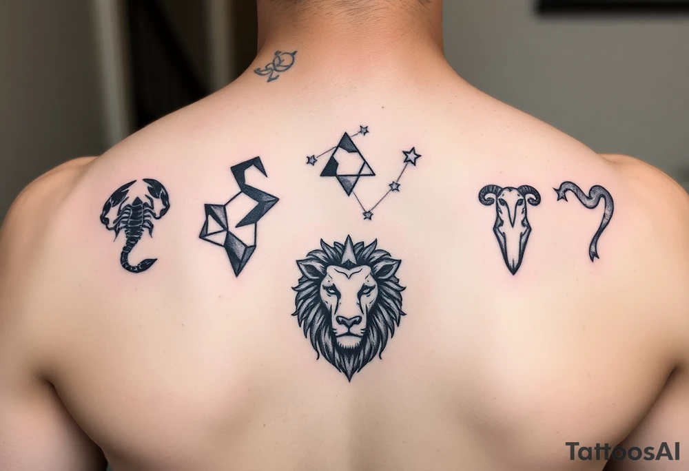 Back piece artistic water color constellations for family members: Scorpio (x2) Taurus, Aries (x2), leo tattoo idea