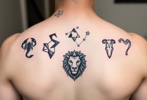 Back piece artistic water color constellations for family members: Scorpio (x2) Taurus, Aries (x2), leo tattoo idea