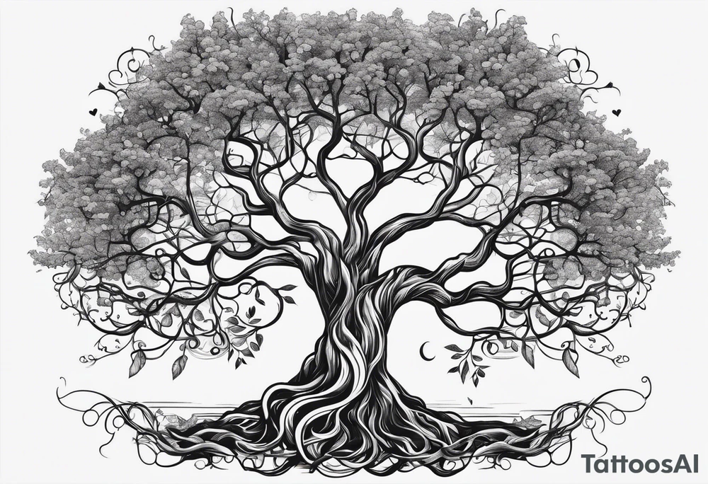 Tree with roots, mental health related, simplistic line work, brain and heart on a scale make with Greek mythology influences tattoo idea