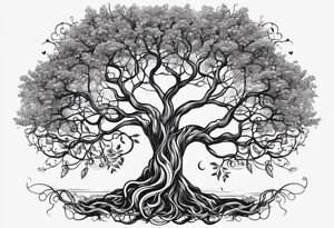 Tree with roots, mental health related, simplistic line work, brain and heart on a scale make with Greek mythology influences tattoo idea