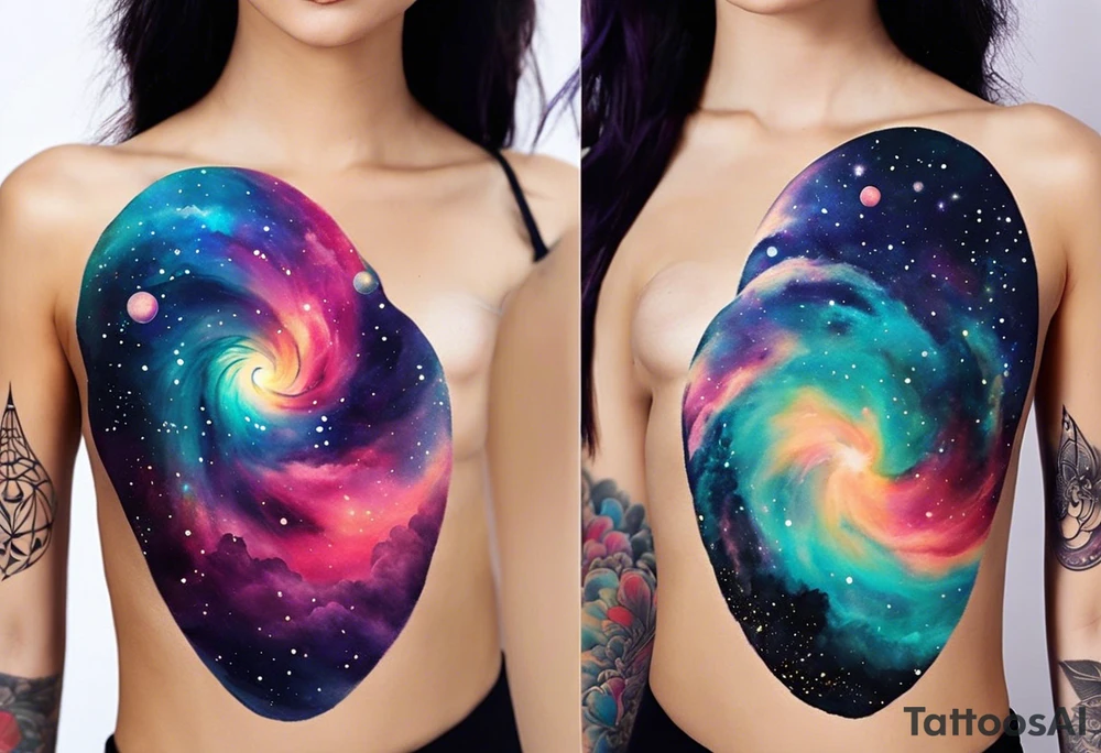 I want a nebula space galaxy s kinda shape 
tattoo that's colorful and bright and cute and is nice to look at I don't want a traditional circle I want it like the ones thay look like an s shape and this tattoo will be on my left buttcheek and light colors I want more spread and less circle side to life Left to right a spiral galaxy in prominently blue light or dark tattoo idea