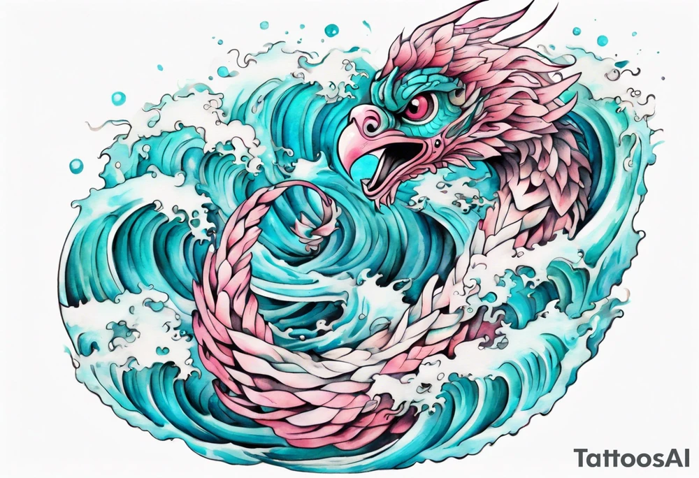 a turquoise and white and pink sea Quetzalcoatl with beautiful eyes emerging from the blue waves of the ocean tattoo idea
