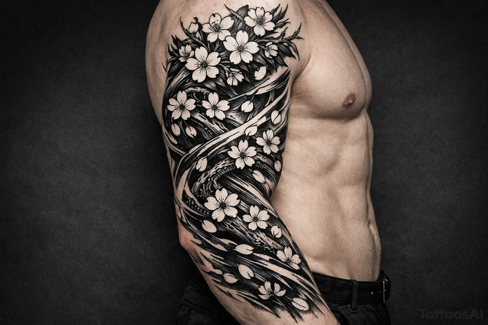 delicate cherry blossoms swirling in spring breeze with petals tattoo idea
