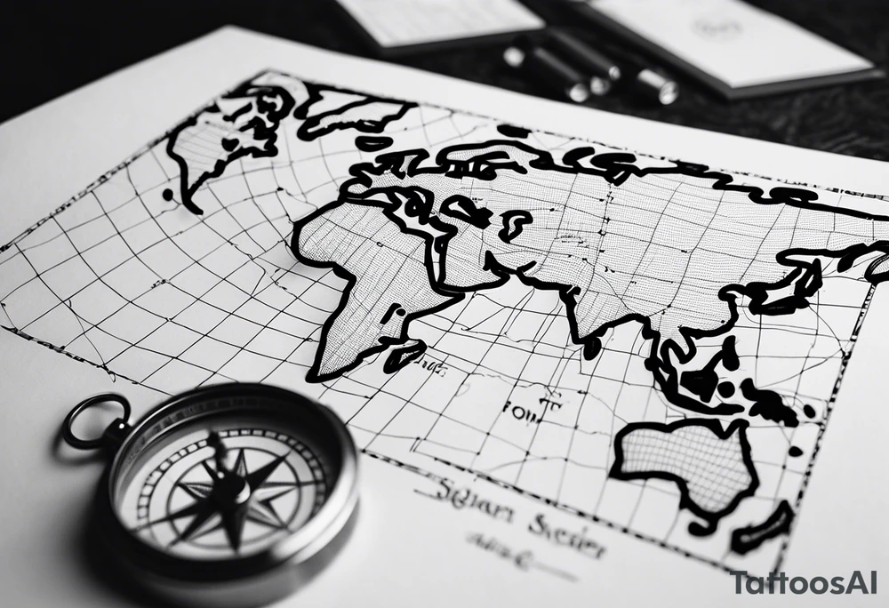 flat map of the word on a grid with a small compass compass tattoo idea