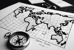 flat map of the word on a grid with a small compass compass tattoo idea