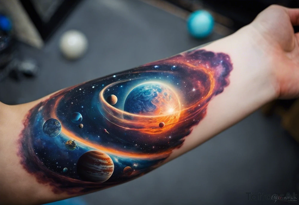 I have multiple tattos but i am getting a sleeve done on my arm.
I want the sleeve to be only about time space continuum, purpose, desire and ambition linked to it. I want the concept to me about how miniscual we are in this universe but how we feel big and lose perspective and a sense of purpose. I also want Shiva to be added to the tattoo as shiva is considered the destroyer which scientifically goes back to big bang. SO create a tattoo for me in geometric design for my whole right arm tattoo idea