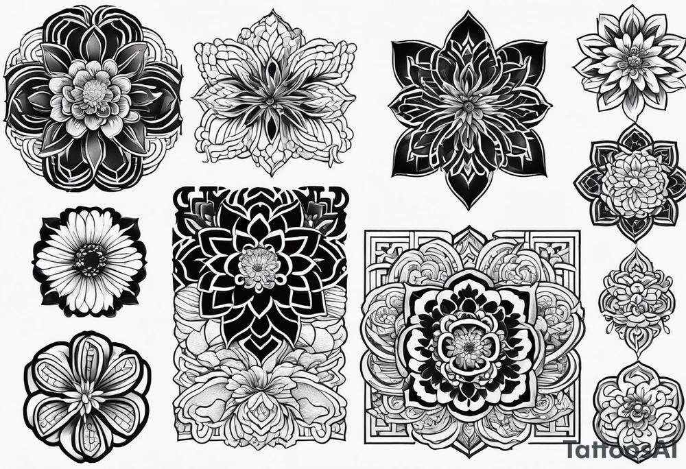 I want to combine japanese and ornamental styles. I want to have a full sleeve tattoo. i want a japanese mask in the top, japanese Chrysanthemum Flower in the bottom and fill the rest with ornamental tattoo tattoo idea