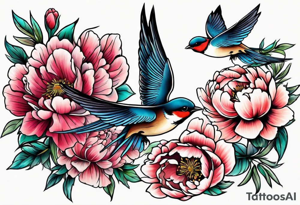 Two swallows in flight with peonies tattoo idea