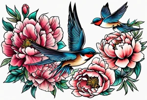 Two swallows in flight with peonies tattoo idea