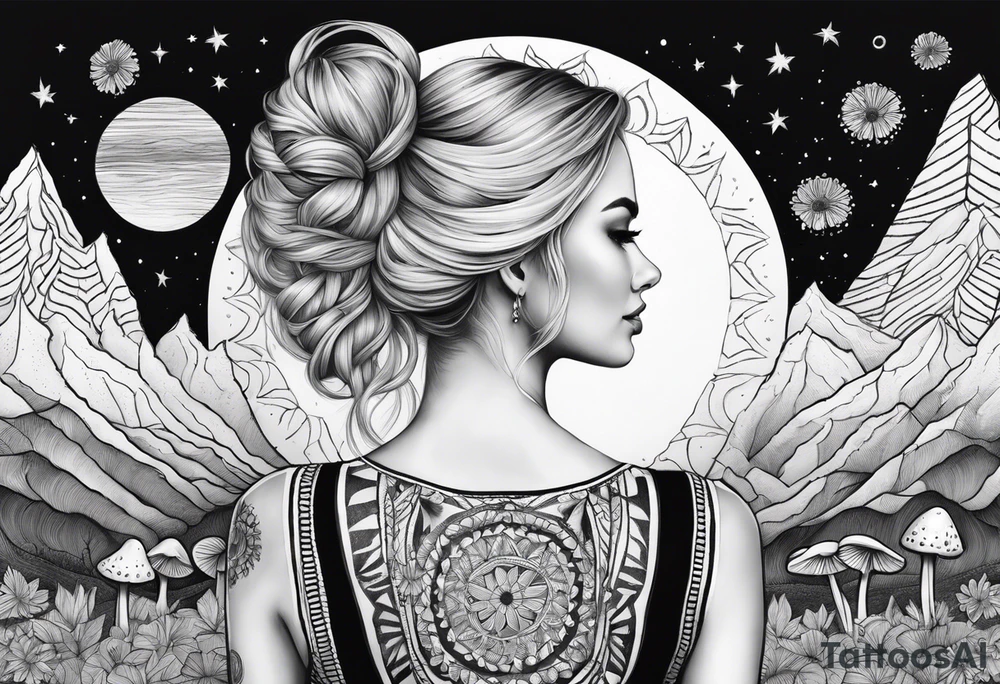 Straight blonde hair girl facing away toward mountains surrounded by mushrooms crescent moon mandala circular design black and white striped dress "8" in hair tattoo idea