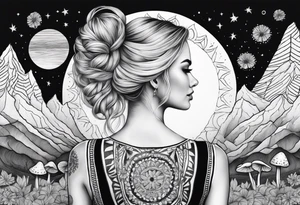 Straight blonde hair girl facing away toward mountains surrounded by mushrooms crescent moon mandala circular design black and white striped dress "8" in hair tattoo idea
