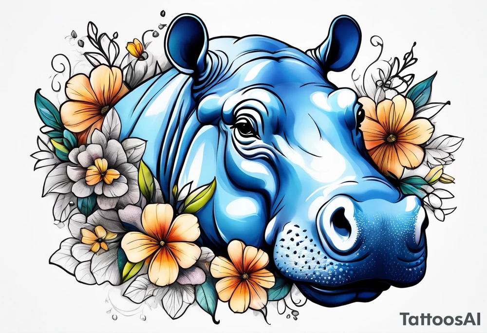 cute hippo with flowers tattoo idea