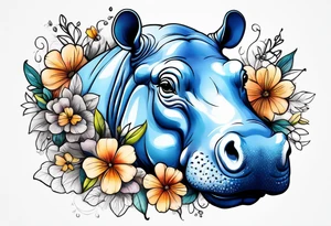 cute hippo with flowers tattoo idea