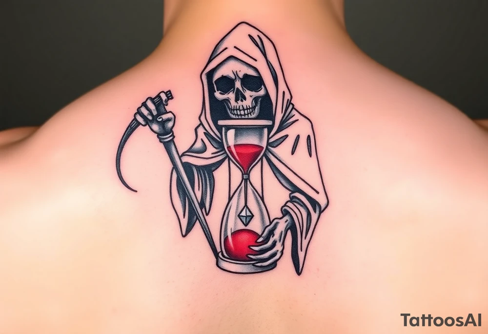 Simple grim reaper holding a hourglass with red sand and diamond like geometric shapes tattoo idea