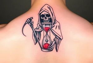 Simple grim reaper holding a hourglass with red sand and diamond like geometric shapes tattoo idea
