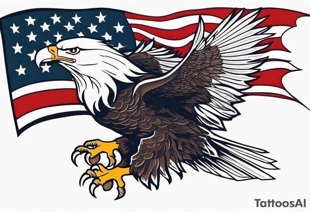 eagle flying in front of ship holding American flag in beak tattoo idea