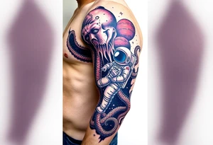 Kraken octopus grabbing a astronaut in a Outer space back ground tattoo idea