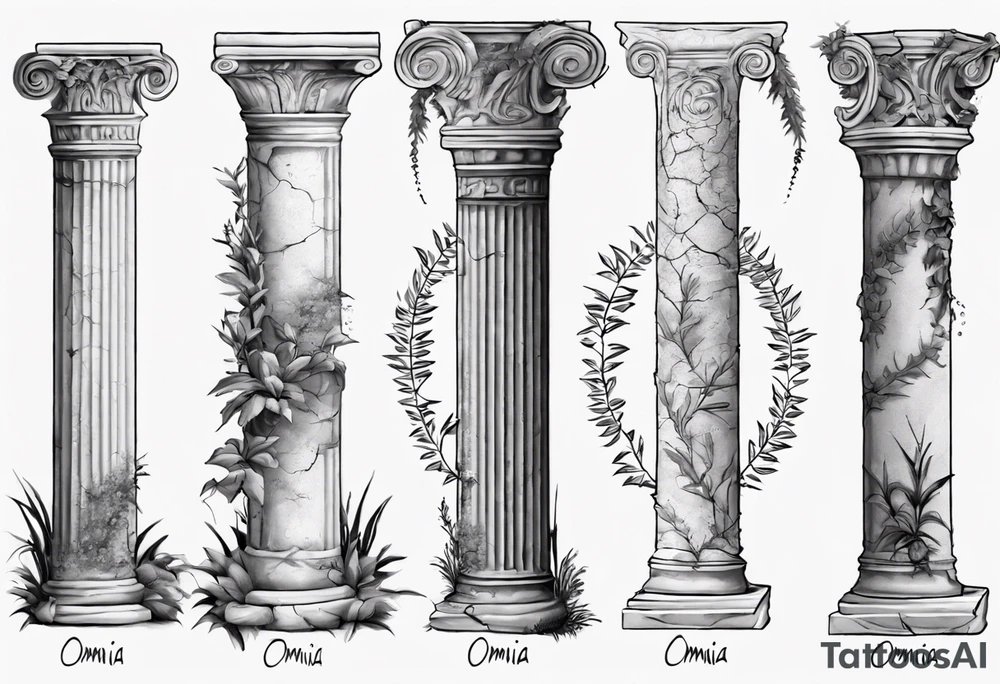 Ancient roman pillar in the Ionian style. It has cracks on it, and on the lower half some overgrown plants. The top part of the pillar has fallen off, to the right side of the pillar, and has the word "OMNIA" inscribed. tattoo idea