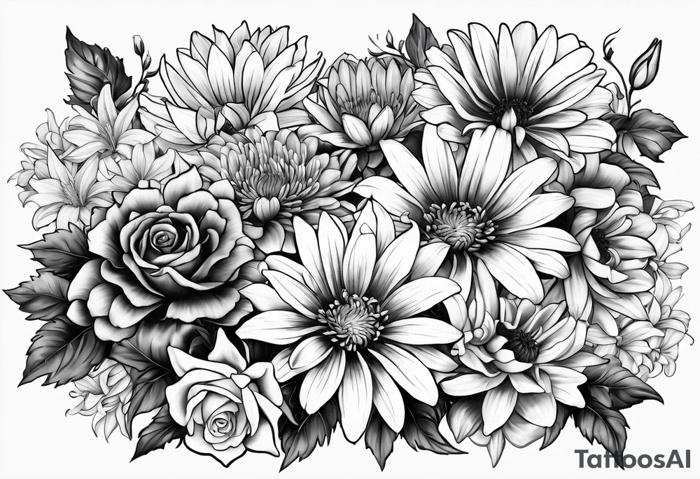 Asters, roses, Lillies, chrysanthemums tattoo idea