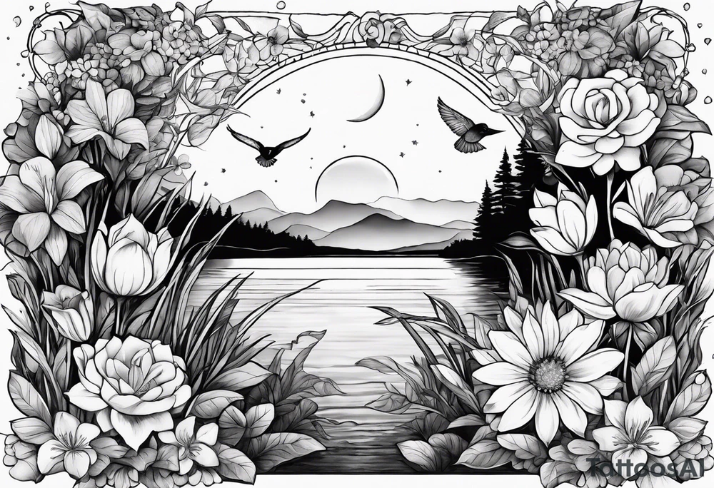Secret, hidden garden, flowers, lake, daylight moon, more flowers love hidden gem tattoo idea
