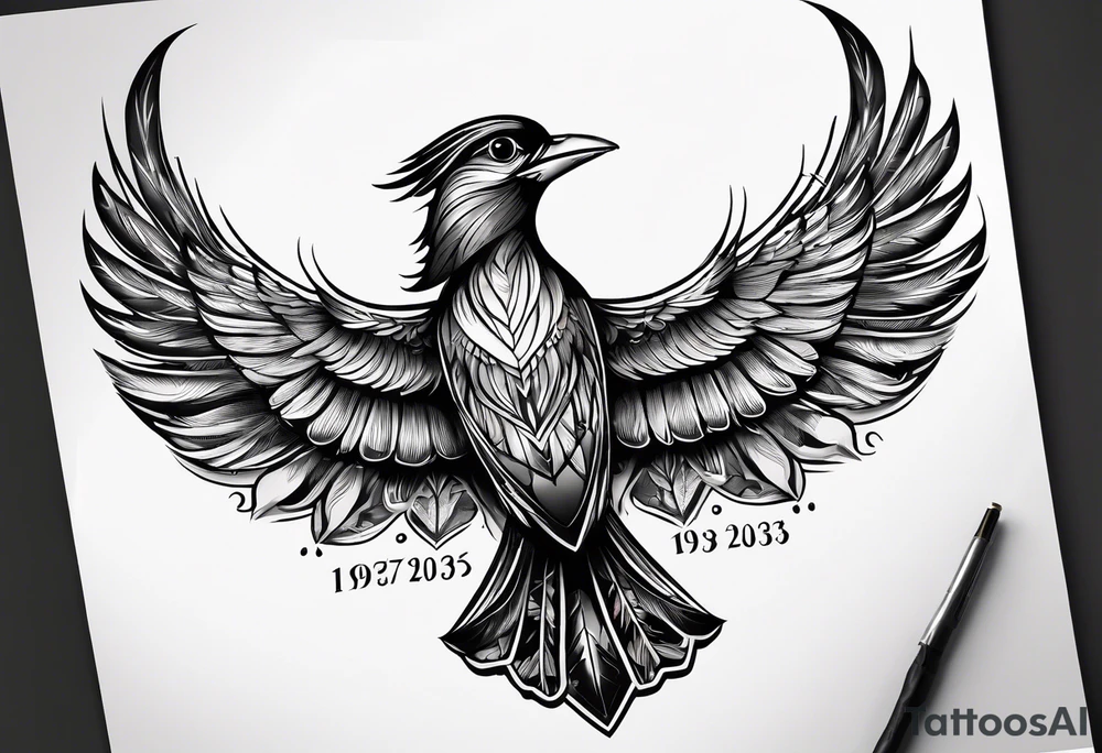 A Soaring bird with the text 1937-2023 underneath it in a simple sketch style tattoo idea