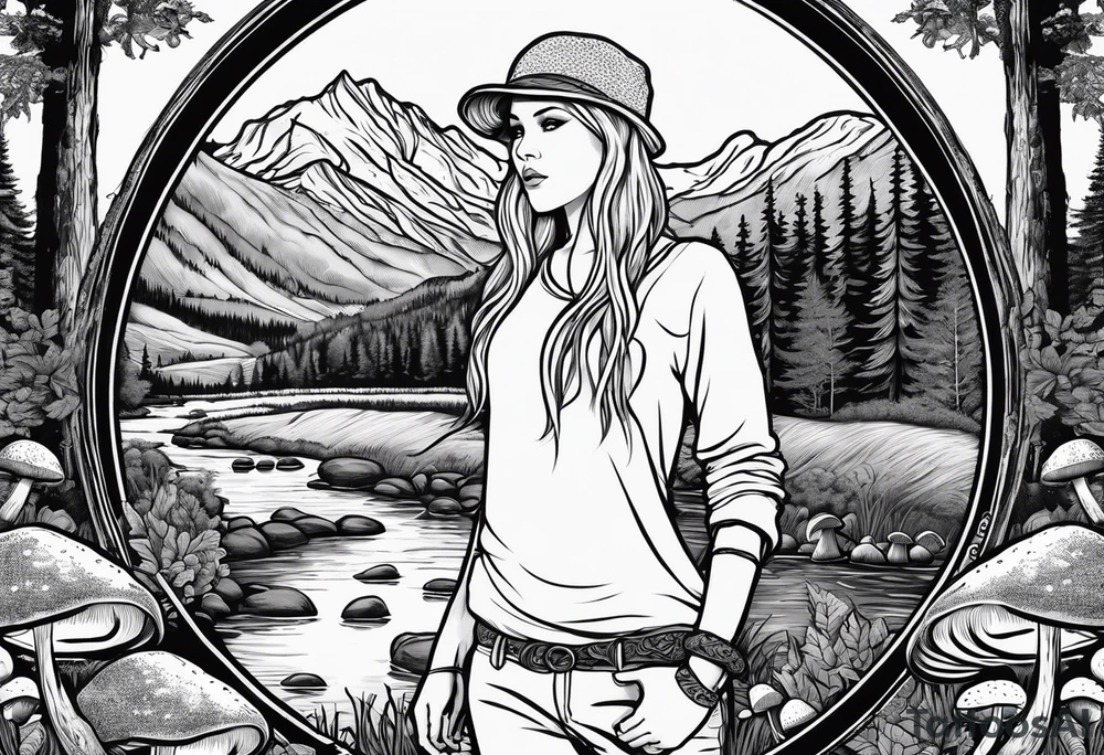 Whole picture encircled fully

Straight long blonde hair hippie girl in distance holding mushrooms in hand facing away toward mountains and creek surrounded by mushrooms long sleeve shirt and hiking pants; whole rendering within a full circle, no cut off circle tattoo idea
