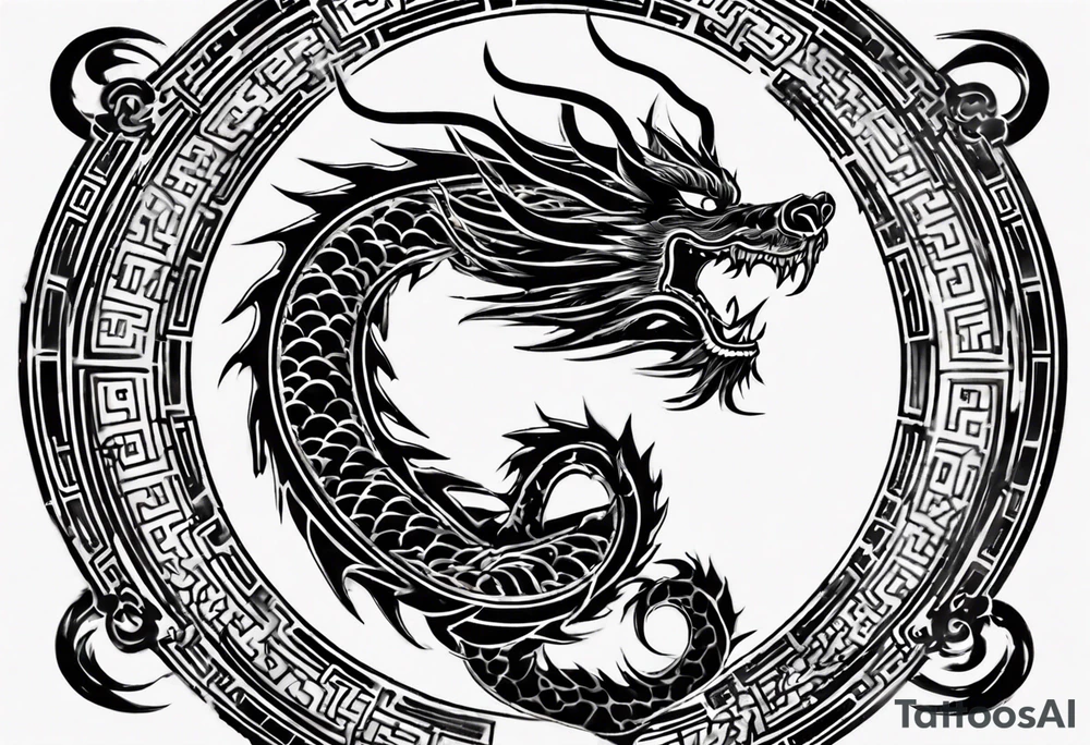 Chinese dragon in a circular shape with "02.03" written on its skin tattoo idea