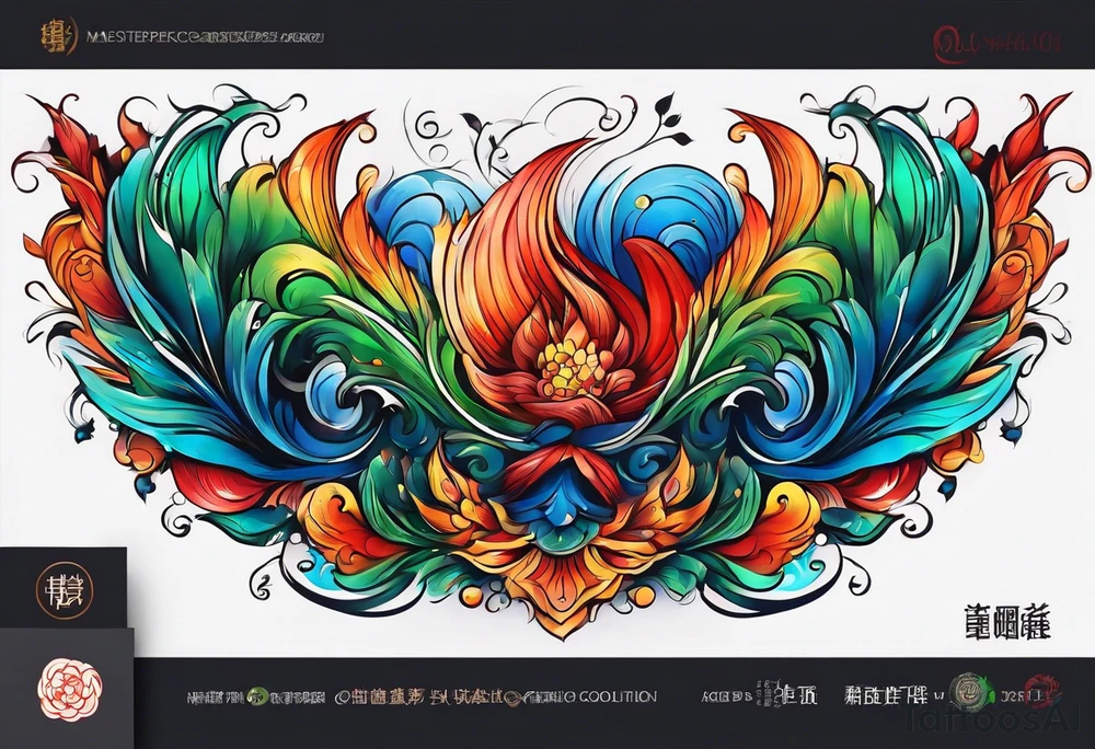 wide swirl of red, blue, orange, green tattoo idea