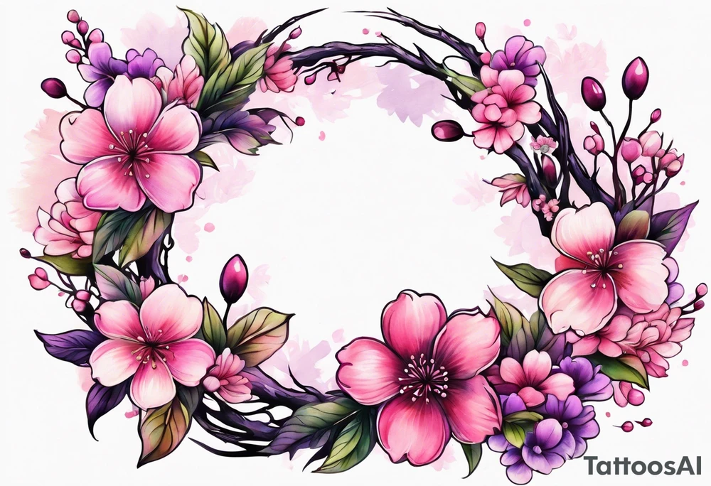 Flower wreath cherry blossoms pinks and purples tattoo idea