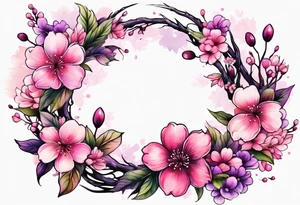 Flower wreath cherry blossoms pinks and purples tattoo idea