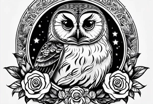 Barred owl and a rose with writing “but the greatest of these is love” tattoo idea