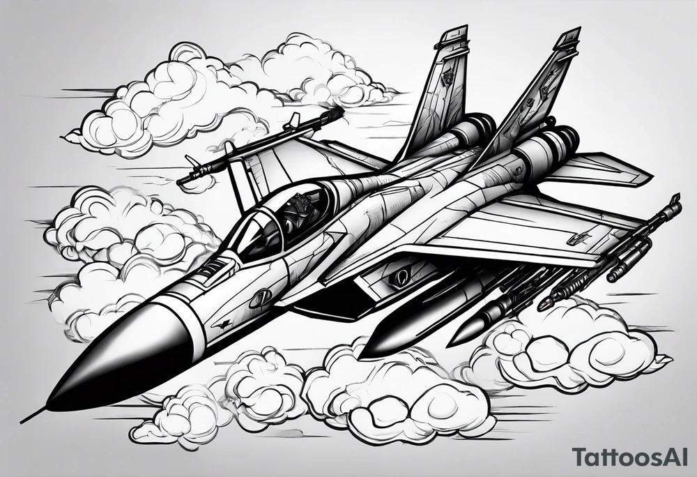 Fighter jet in the clouds with lighting and guns tattoo idea
