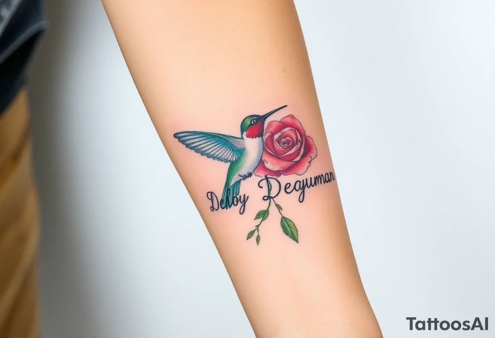 A tattoo on the forearm with the name Debby Deguzman with a humming bird and a rose tattoo idea