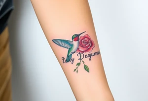 A tattoo on the forearm with the name Debby Deguzman with a humming bird and a rose tattoo idea
