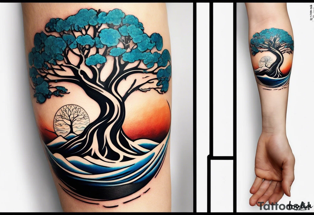 A tattoo of an abstract Tree of Life tattoo to be placed directly on the bicep of a woman. It can wrap around the arm a little. It should have roots growing out of the bottom. The roots slowly turn into water from the Great Wave by Hokusai. A golf flag should be placed discreetly growing out of the ground. 2 license plate tags should be hanging from the tree. Place a few music notes in the areas the leaves should be. The letters A U should be engraving into the tree trunk in a heart. tattoo idea
